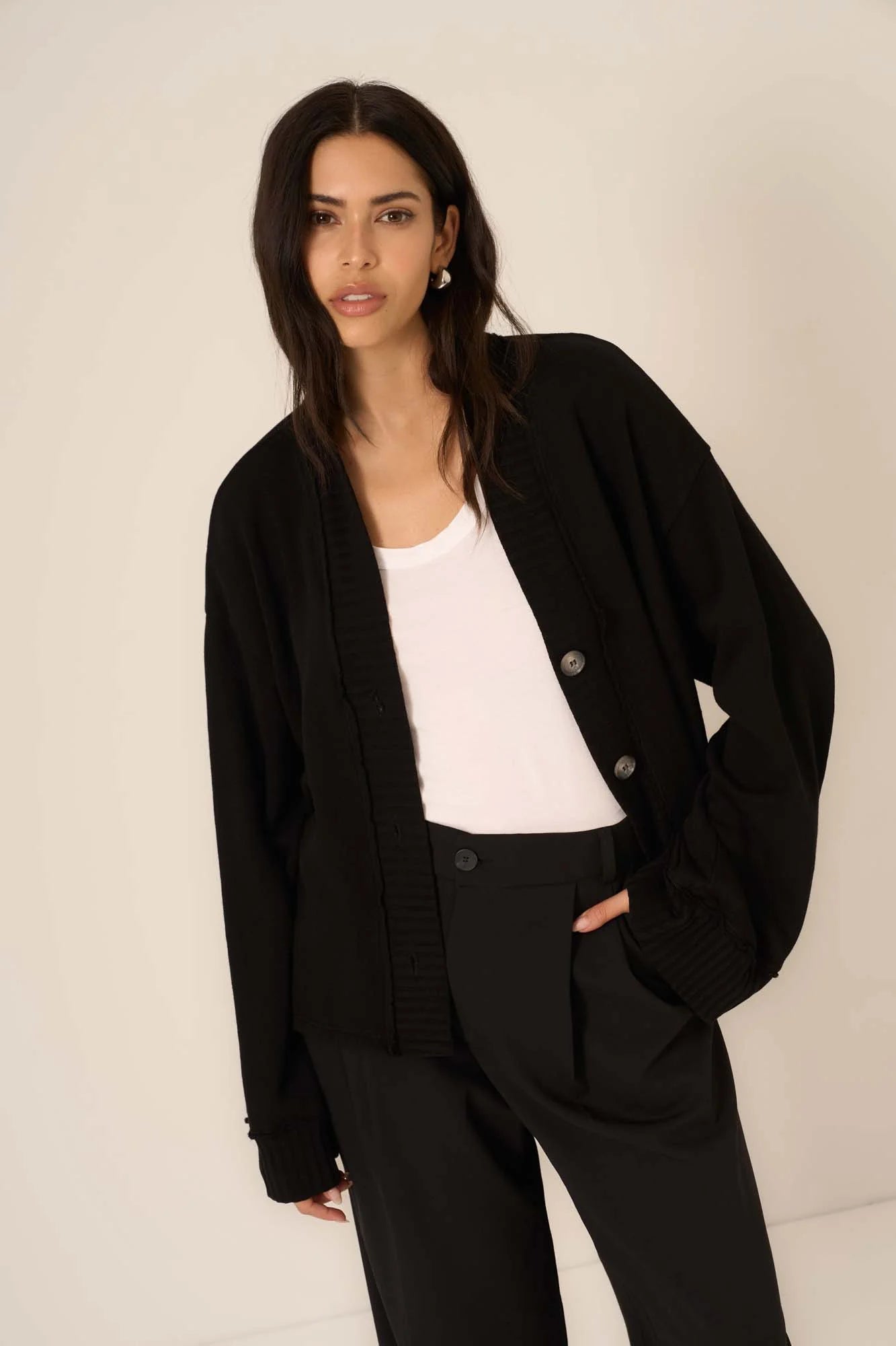 Romy Button Front Cardi Black