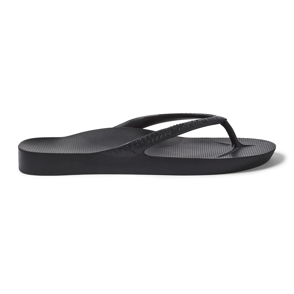 A single black flip flop with arch support, displayed against a white background.