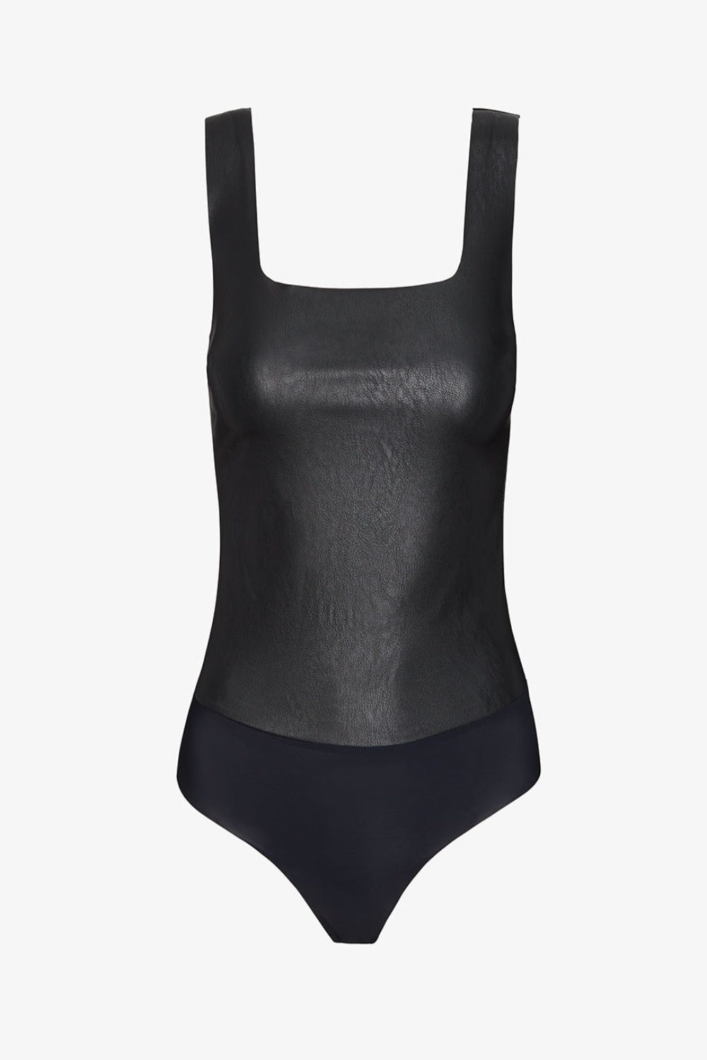Faux Leather Square Neck Bodysuit in Black