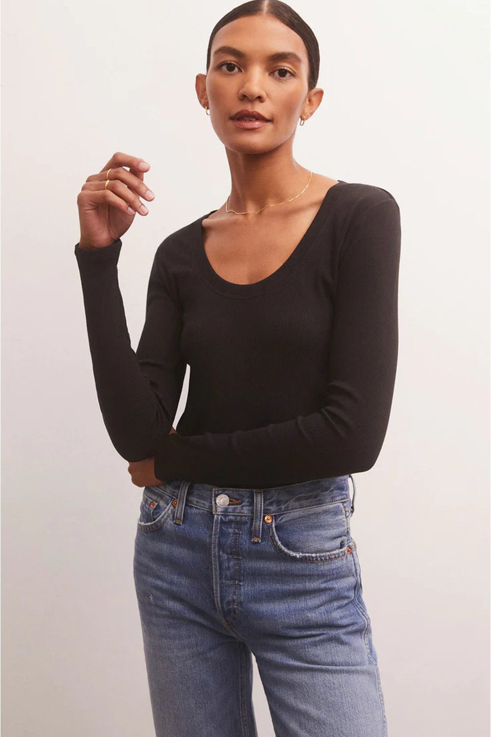 Sirena Rib Long Sleeve Tee in Black