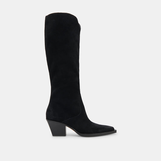 A knee-high black boot with a low heel, designed for women.