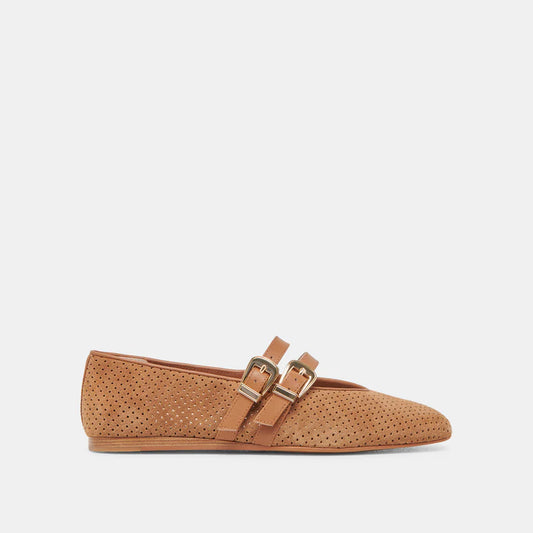 Tan flat shoe with buckles on a white background