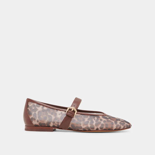 A leopard print flat ballet shoe with a Mary Jane strap and a low heel, primarily in brown tones.