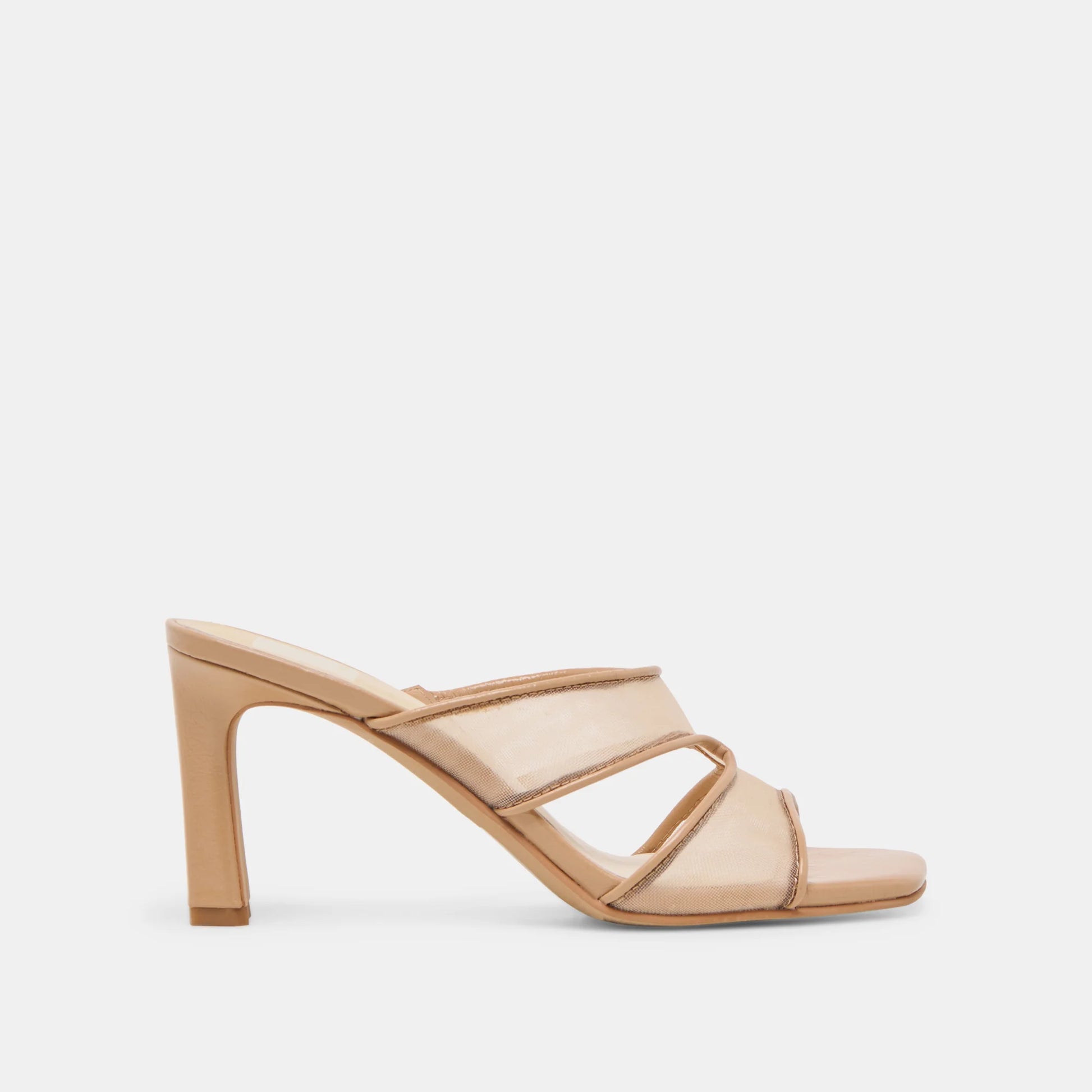 A light tan mesh heel with a square toe and slim block heel, featuring a cut out design.