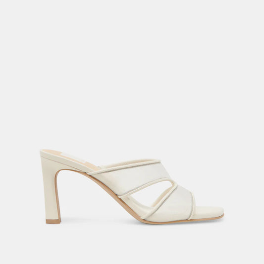 An off white mesh sandal with a square toe and a slim block heel.