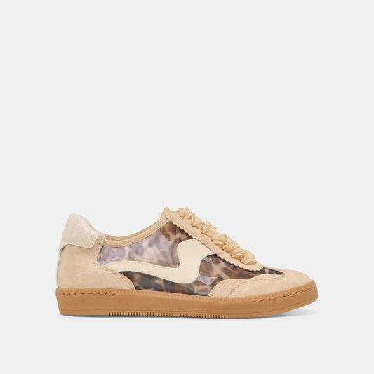 A sneaker with a mesh upper featuring a leopard print pattern, complemented by a beige leather heel tab and a tan synthetic sock.