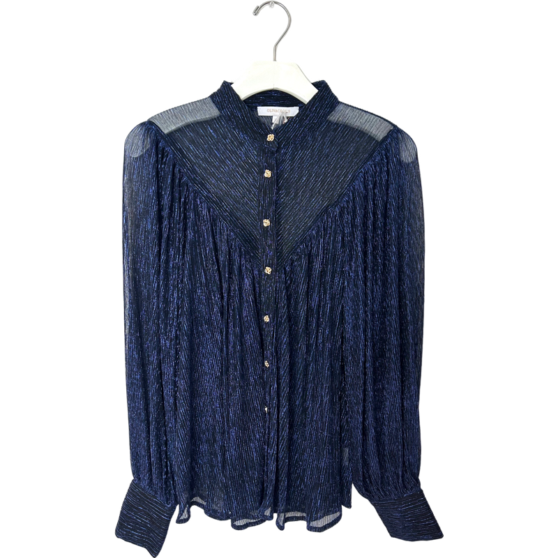 Metallic Sheer Button-down Blouse in Navy