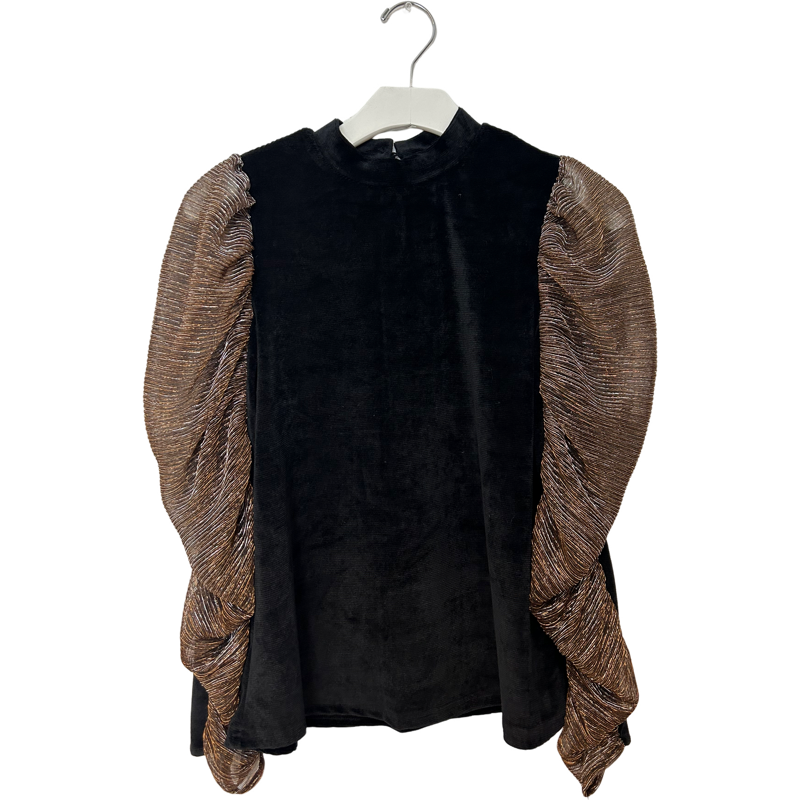 Metallic Sleeve Velvet Top Black