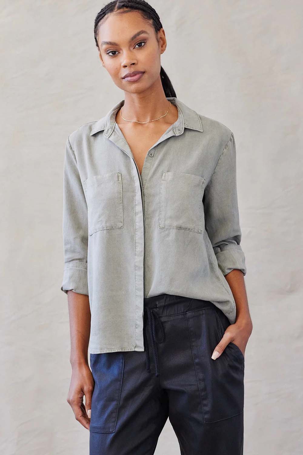 Split Back Button-Down in Soft Army