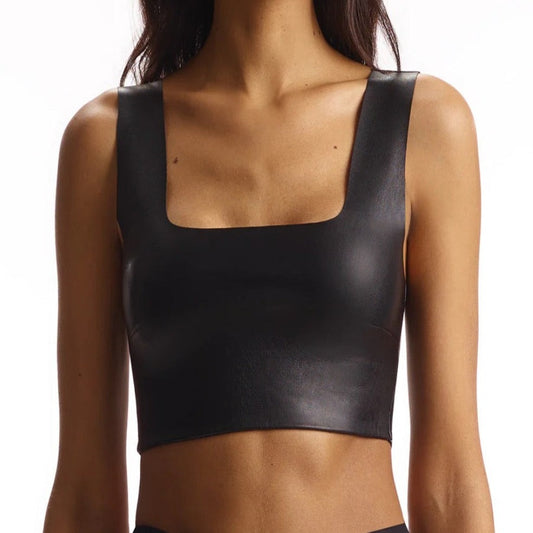 Faux Leather Square Crop Tank in Black