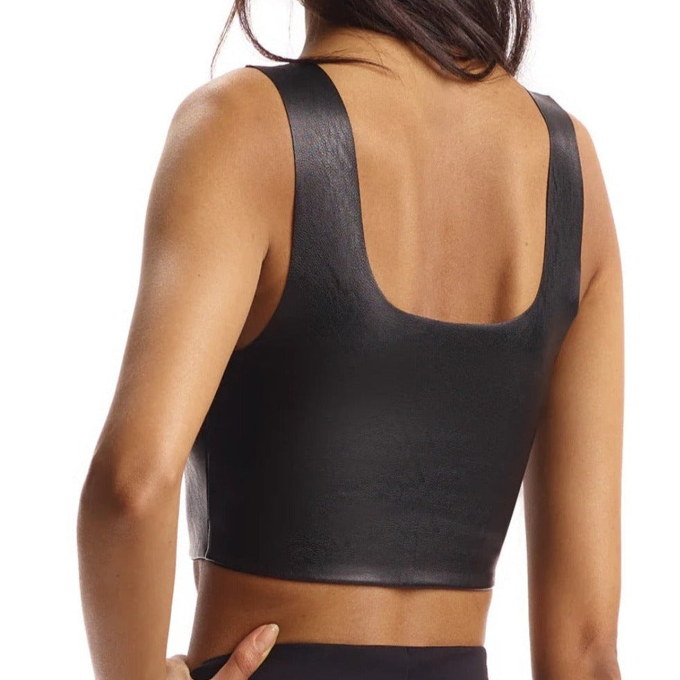 Faux Leather Square Crop Tank in Black