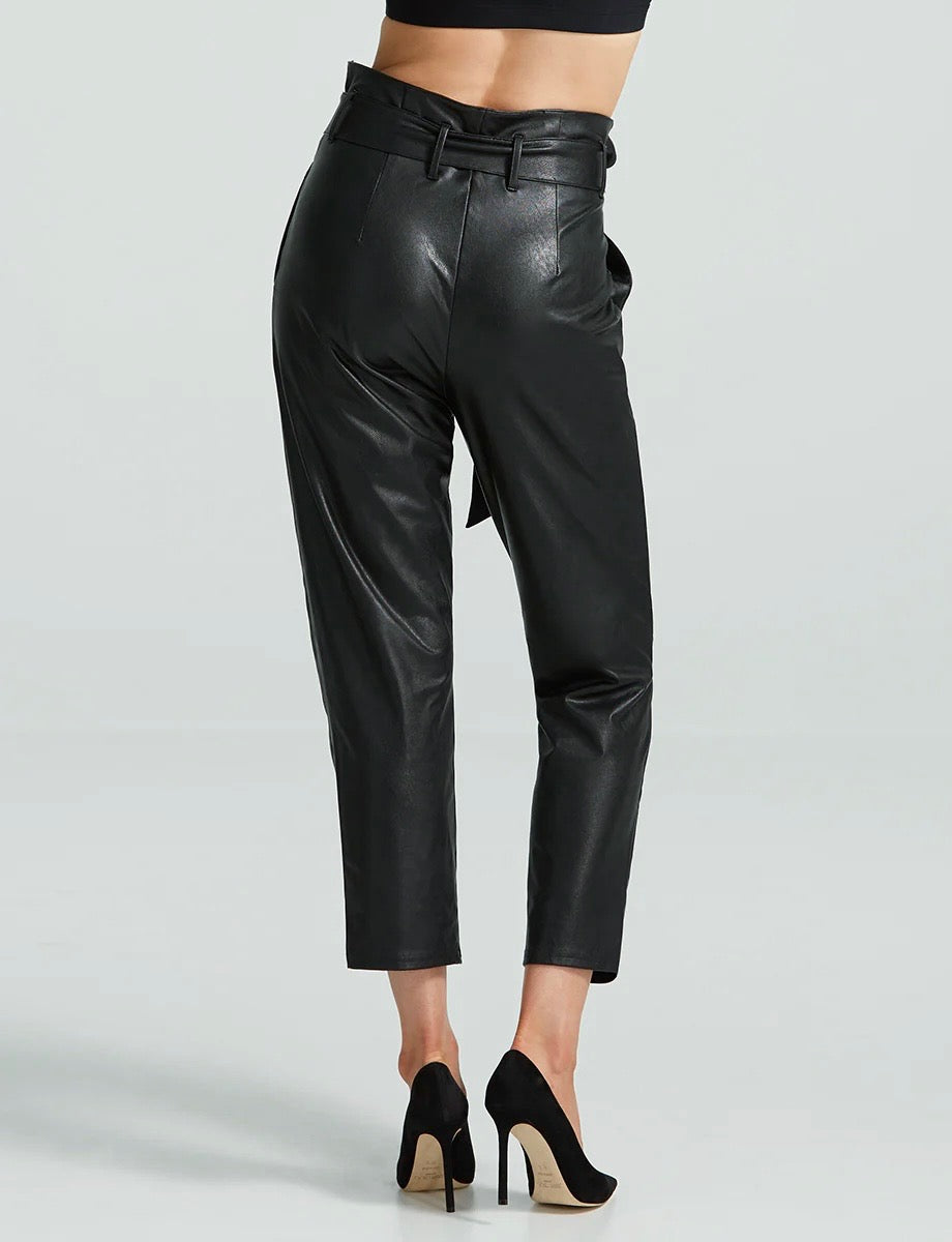 Faux Leather Paper-bag Pant in Black