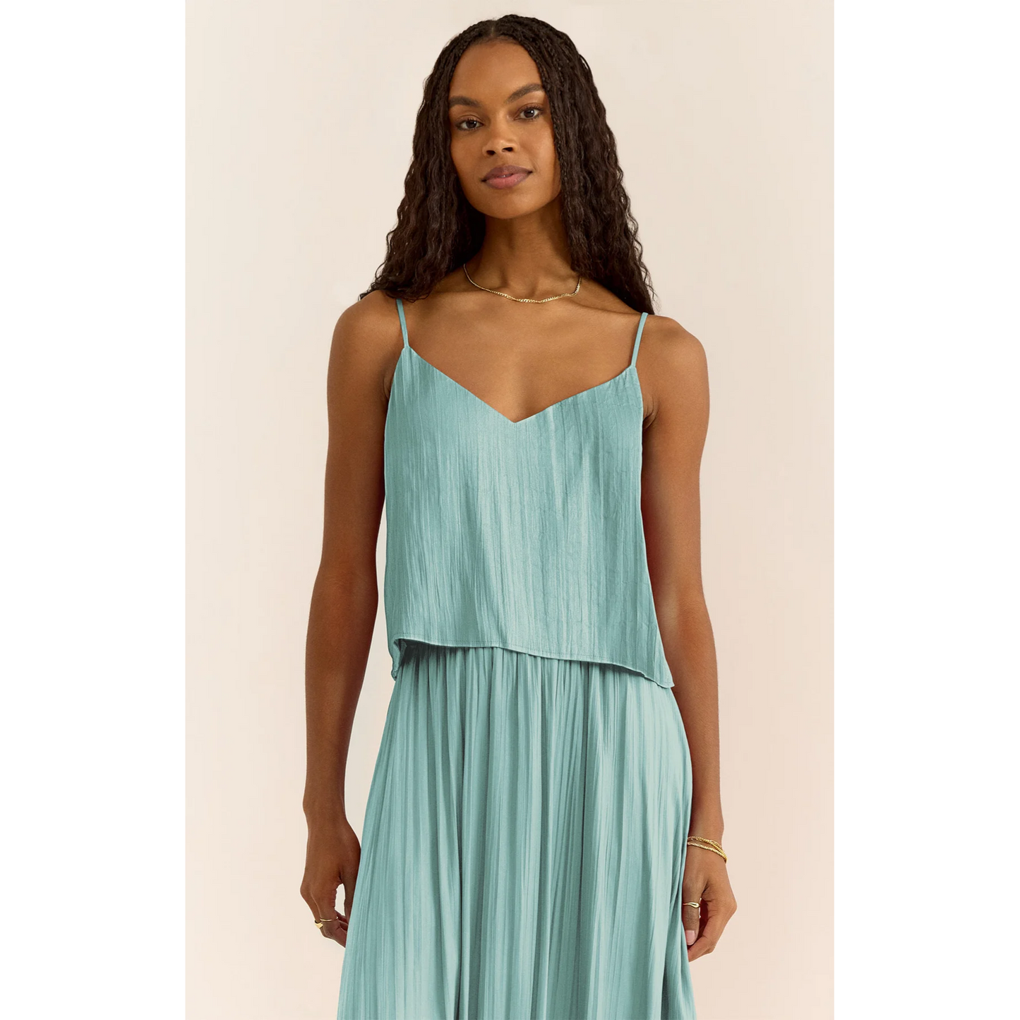 Fiore Crinkle Satin Tank in Sea Pine