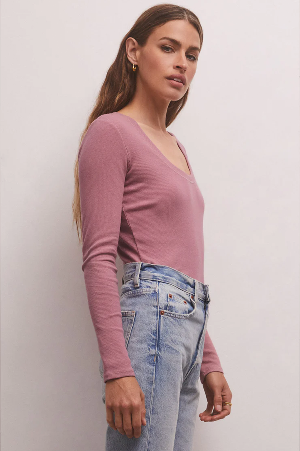 Sirena Rib Long Sleeve Tee in Misty Mauve