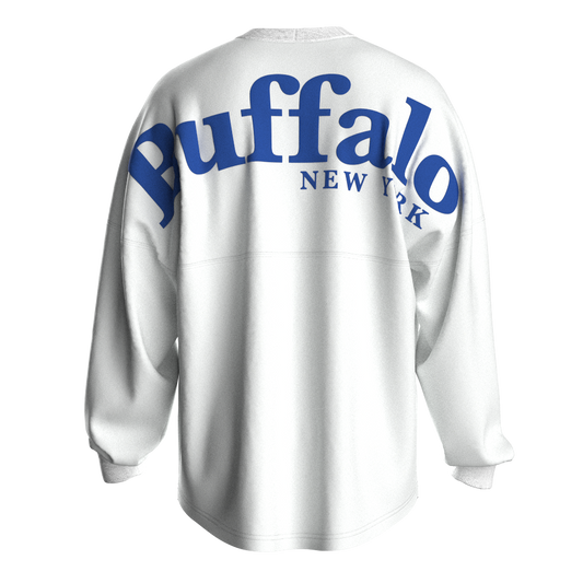 Serif Buffalo Long Sleeve tee in White/ Royal