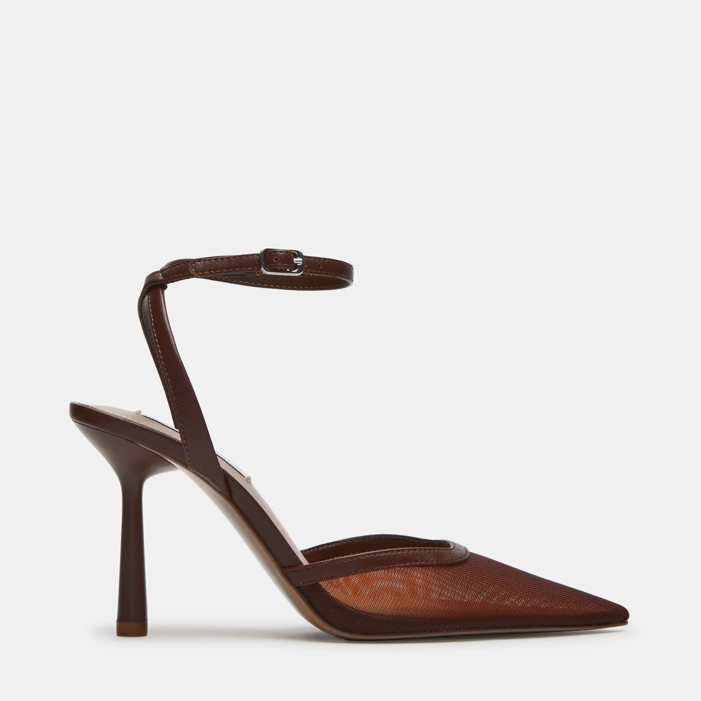 A brown pointed-toe pump with a taller kitten heel, an ankle strap with a buckle closure, and a branded charm on the ankle strap.