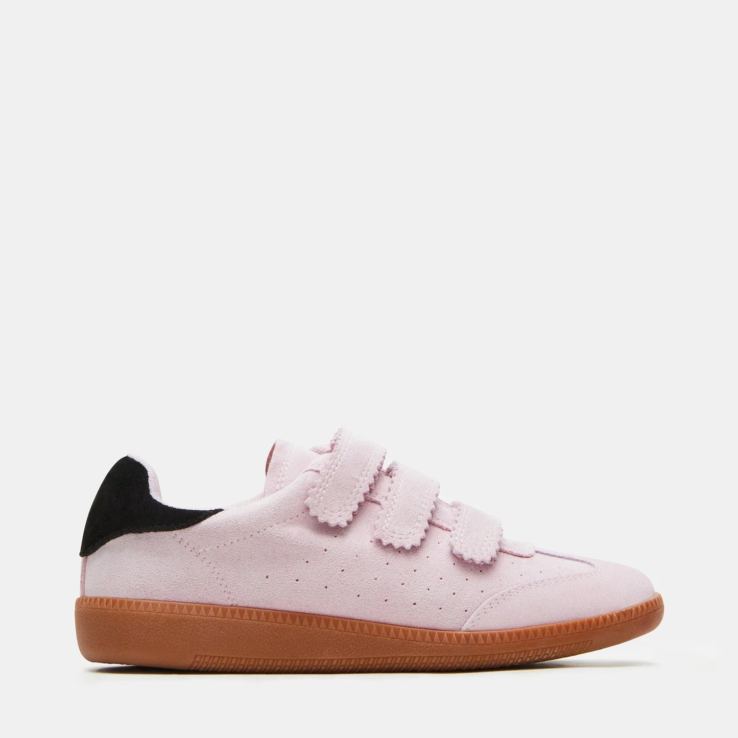 A pink low-top Velcro sneaker with black accents and a tan sole.