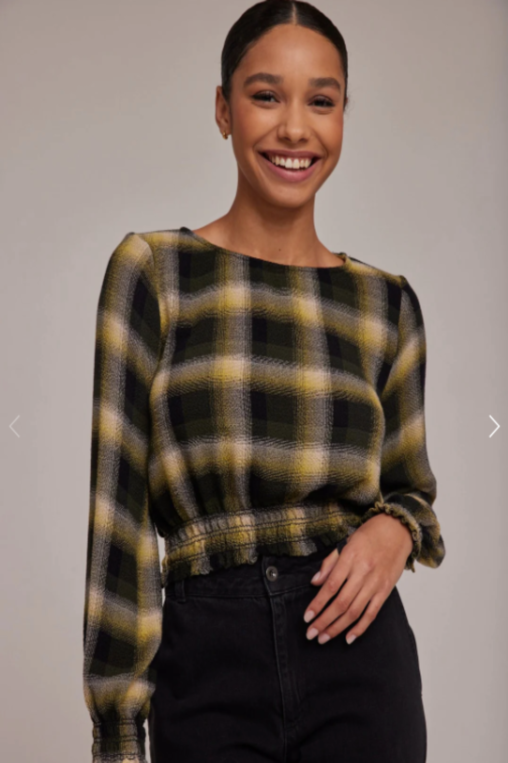 L/S Smocked Blouse Green & Black Plaid