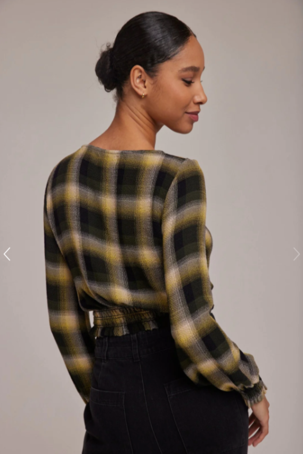 L/S Smocked Blouse Green & Black Plaid