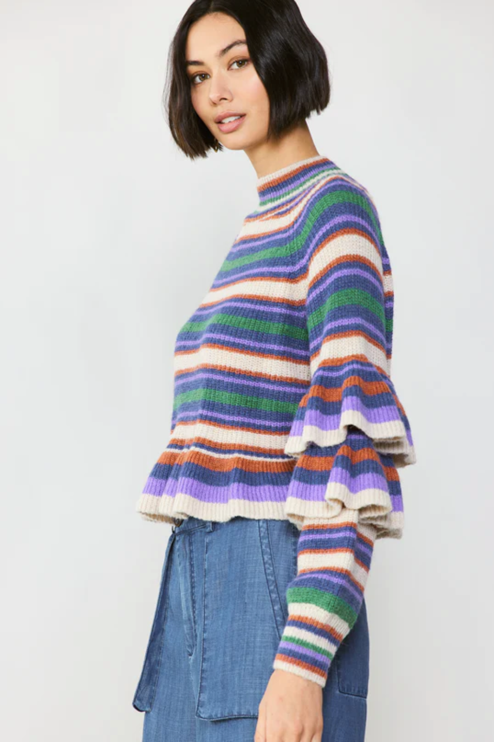 Ruffle Sleeve Sweater in Purple Green