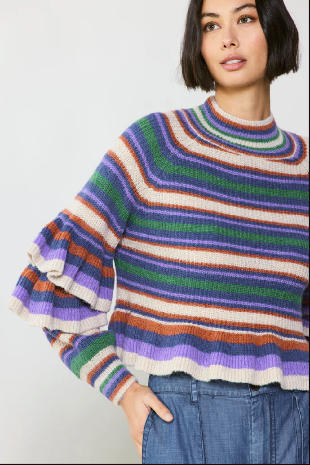 Ruffle Sleeve Sweater in Purple Green