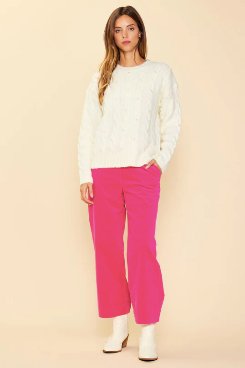 Pearl Cable Knit Sweater in Cream