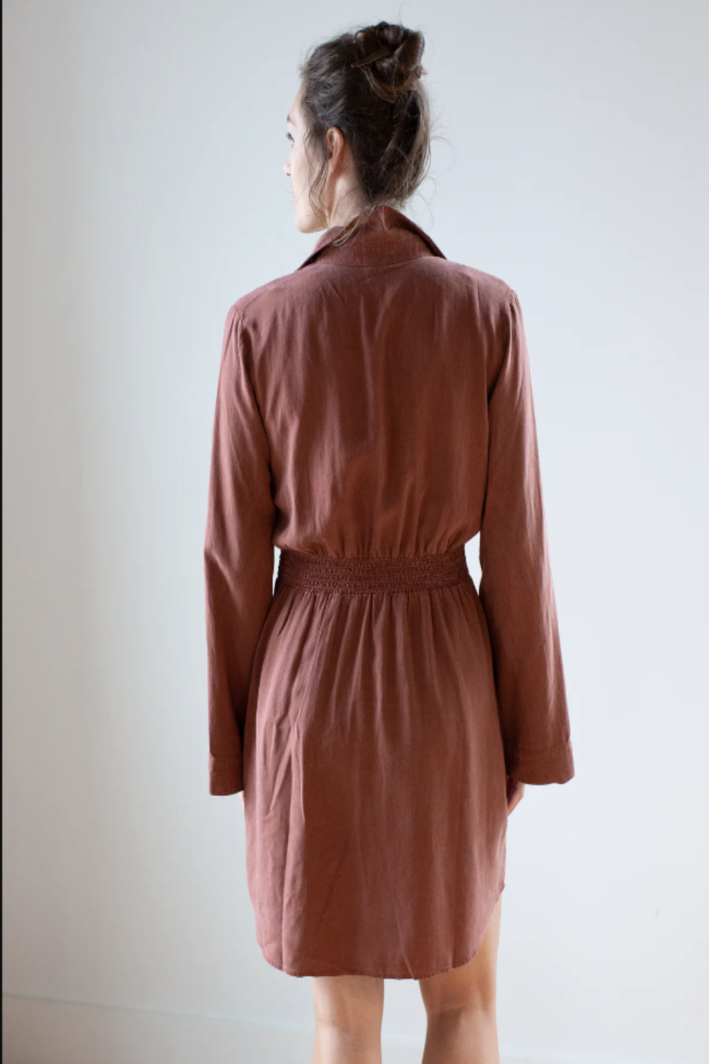 Mini Shirt Dress Smocked Back Autumn Amber