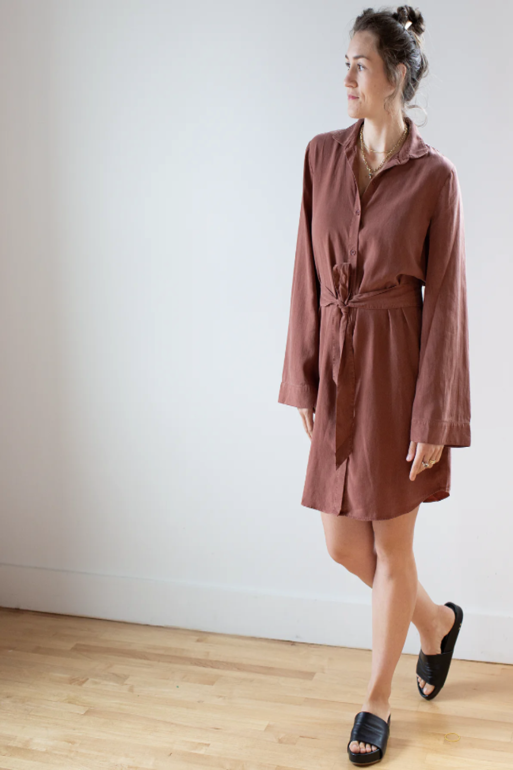 Mini Shirt Dress Smocked Back Autumn Amber
