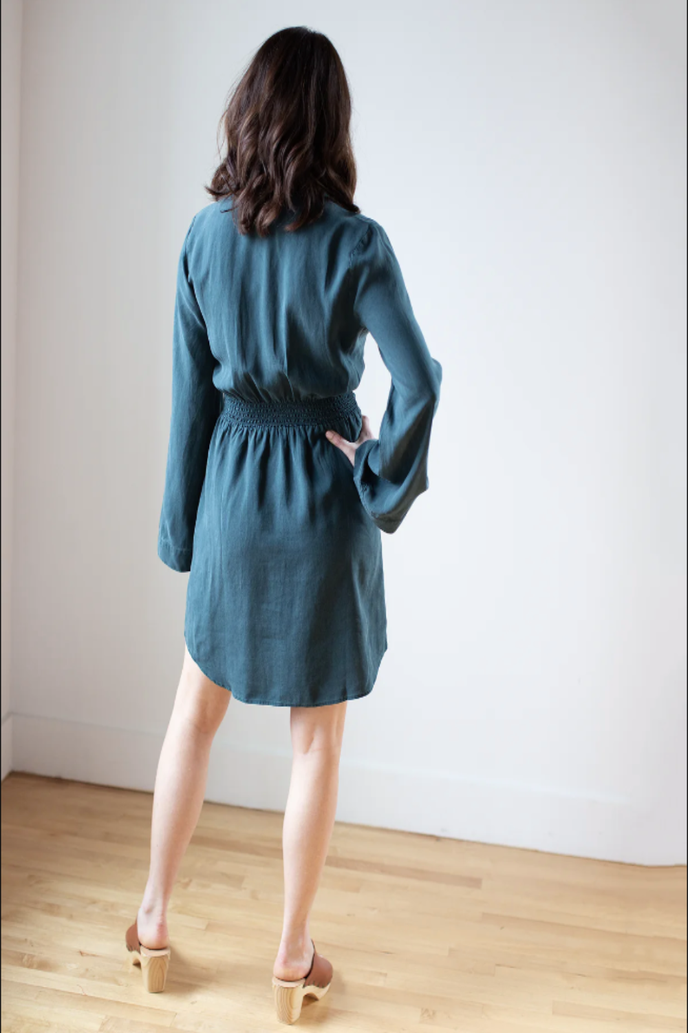 Mini Shirt Dress Smocked Back in Jade Night