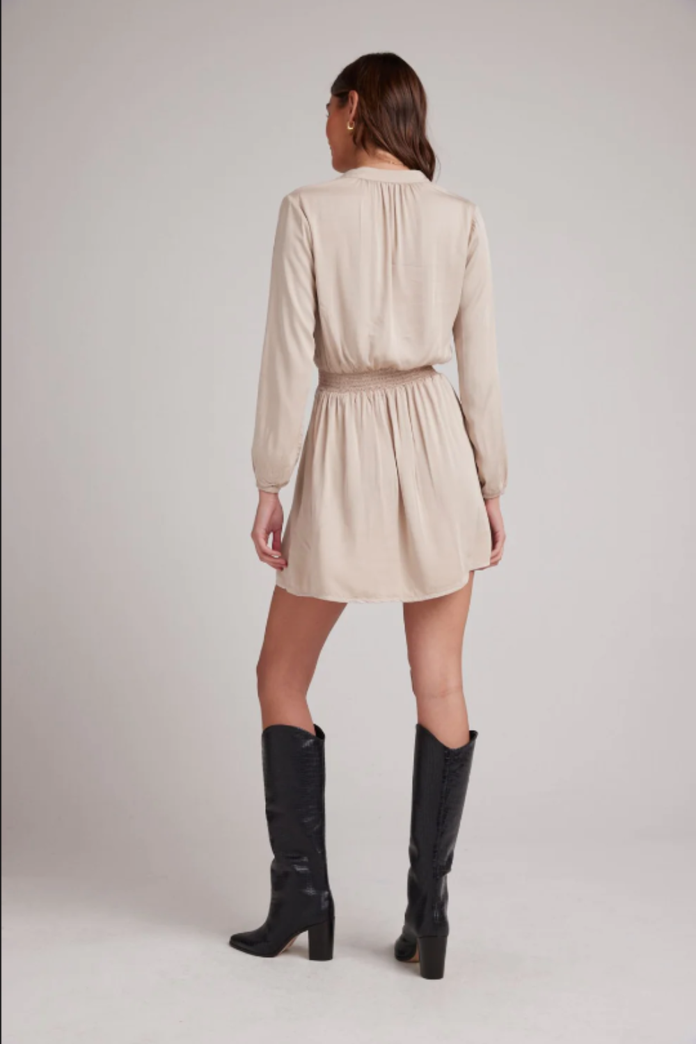 Half Placket Smocked Mini Dress in Ivory Champagne