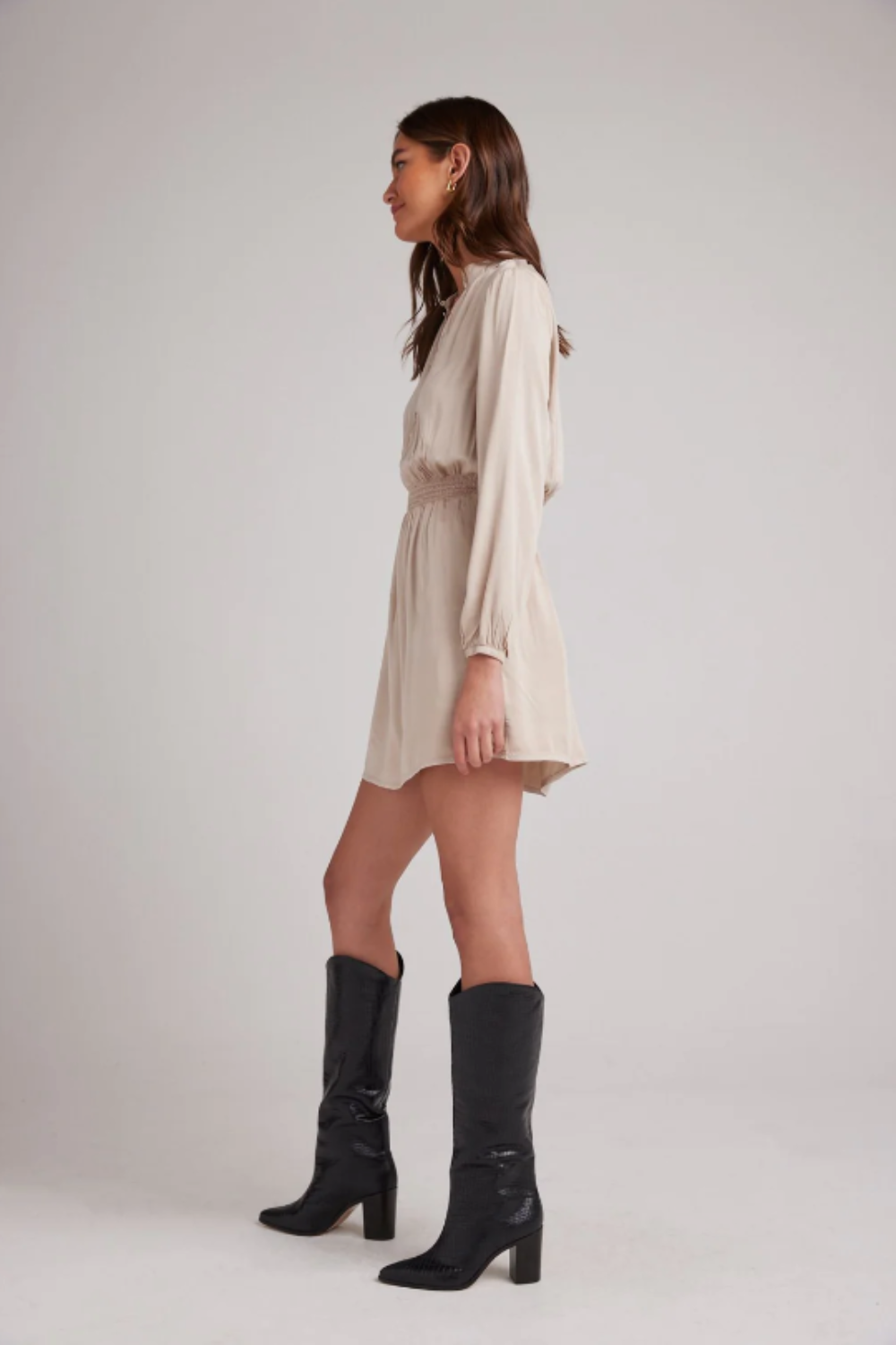Half Placket Smocked Mini Dress in Ivory Champagne