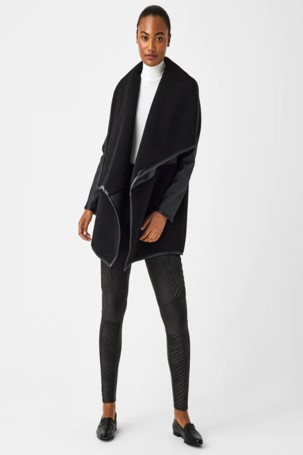 Fleece and Leather Long Wrap in Very Black