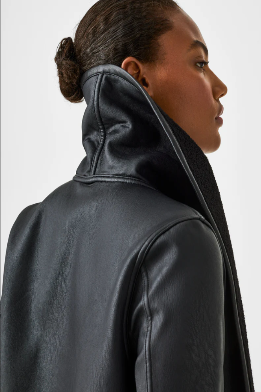 Fleece and Leather Long Wrap in Very Black