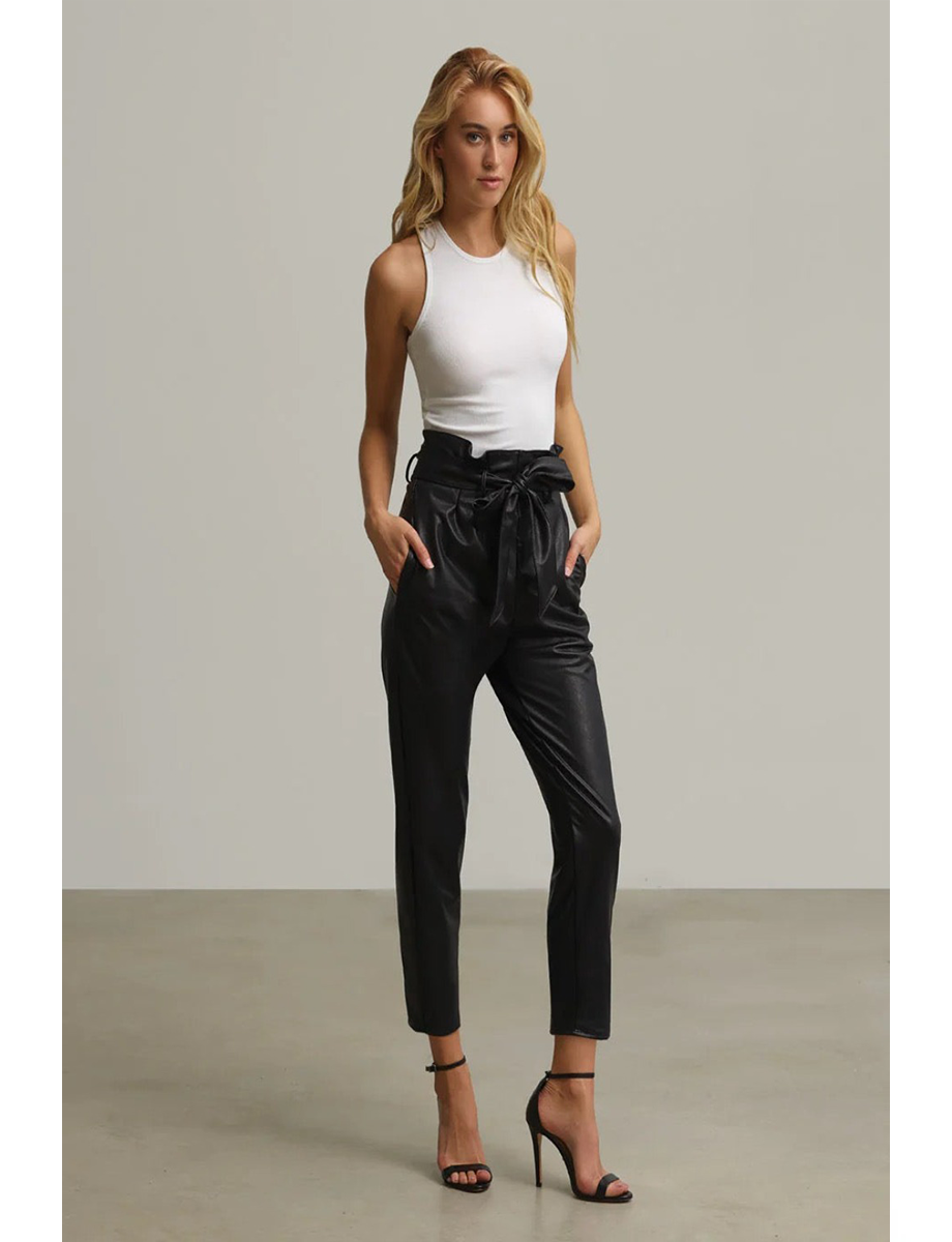 Faux Leather Paper-bag Pant in Black