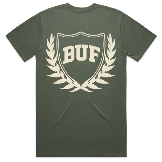 Green t-shirt with 'BUF' logo on the back against a white background