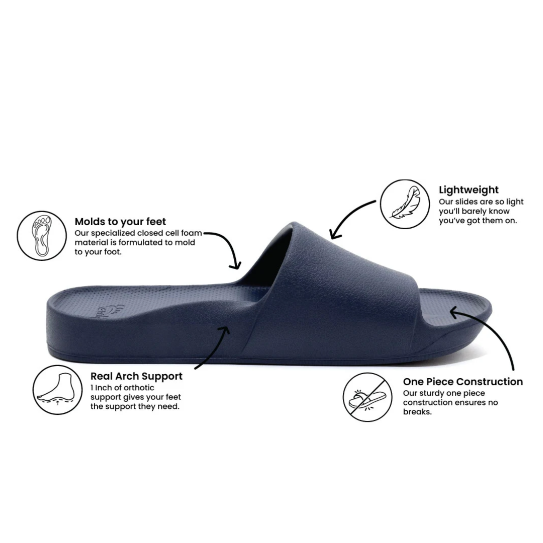 Navy slide sandal with features highlighted on a white background