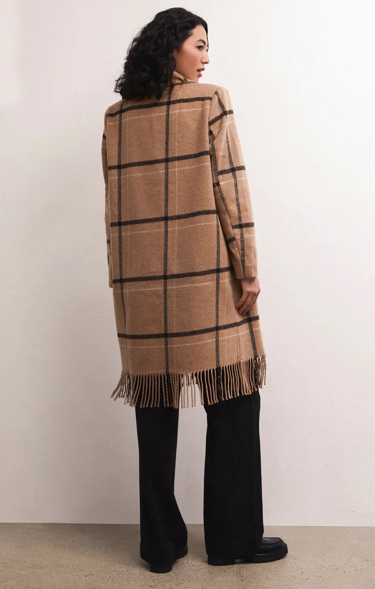 Ynez Fringed Plaid Coat in Campfire