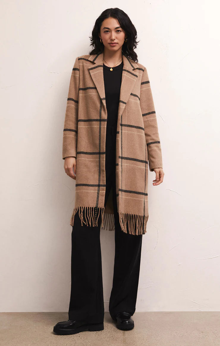 Ynez Fringed Plaid Coat in Campfire