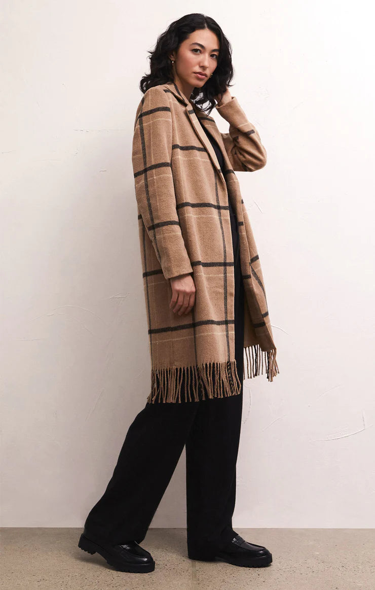 Ynez Fringed Plaid Coat in Campfire