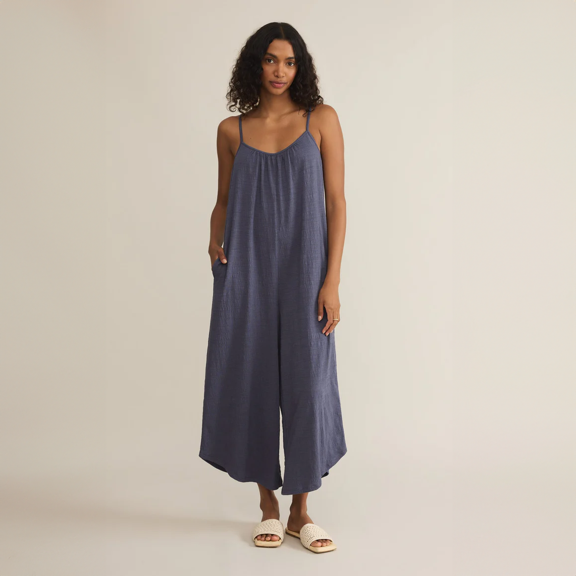 Textured Flare Jumpsuit Worn Blue