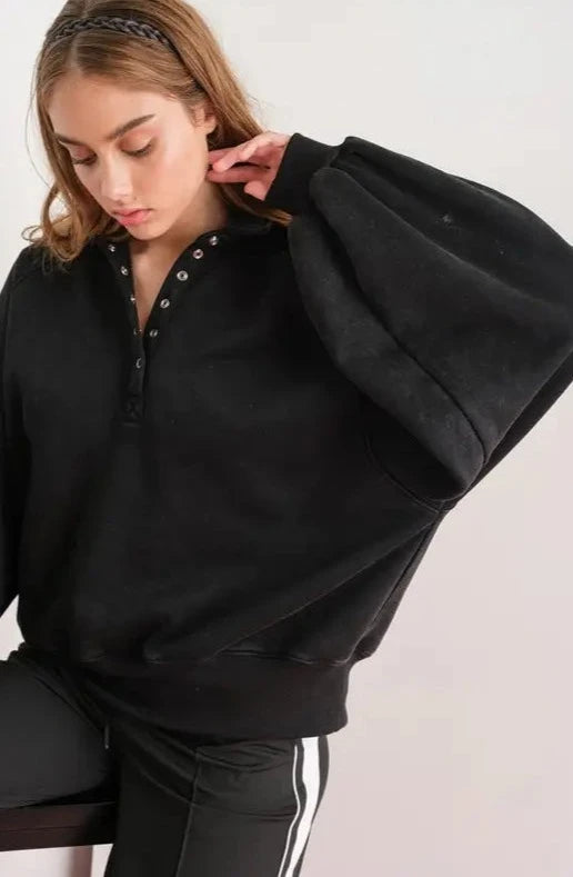 Piper Snap Collared Sweatshirt in Black