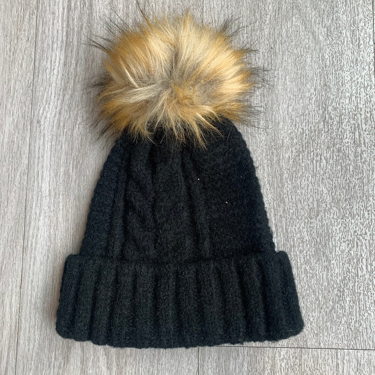 Faux Fur Pom Pom Beanie in Black