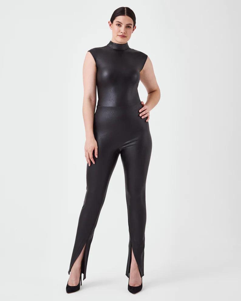 Leather Like Mock Neck Bodysuit