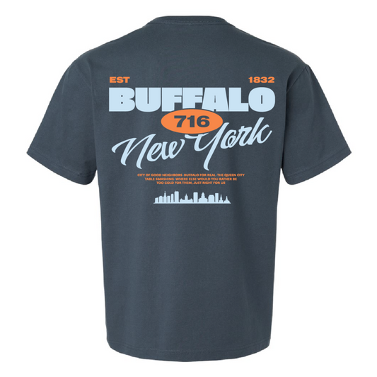 Navy t-shirt with 'Buffalo New York' text and design on the back