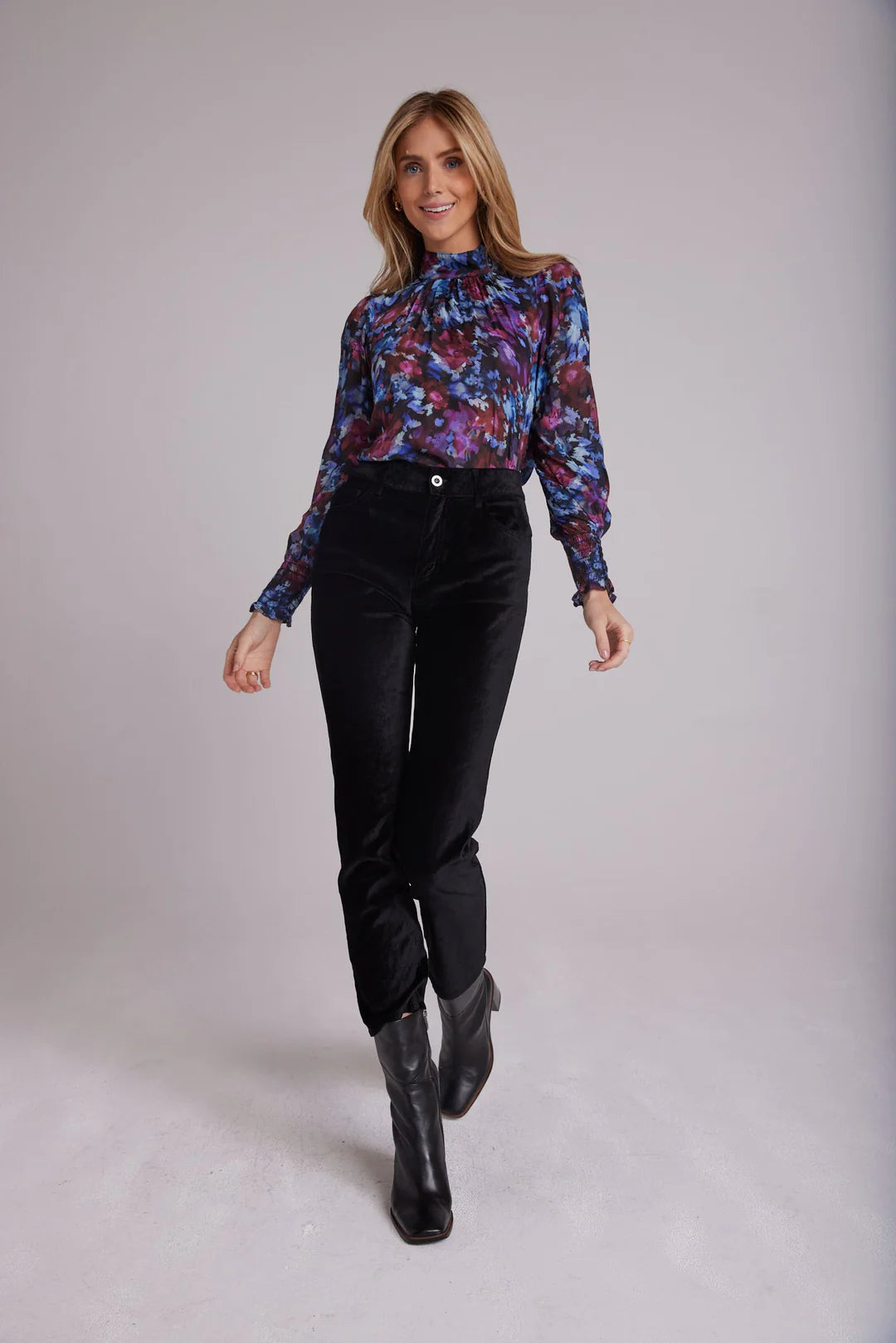 Mock Neck Smocked Cuff Top in Midnight Bloom Print