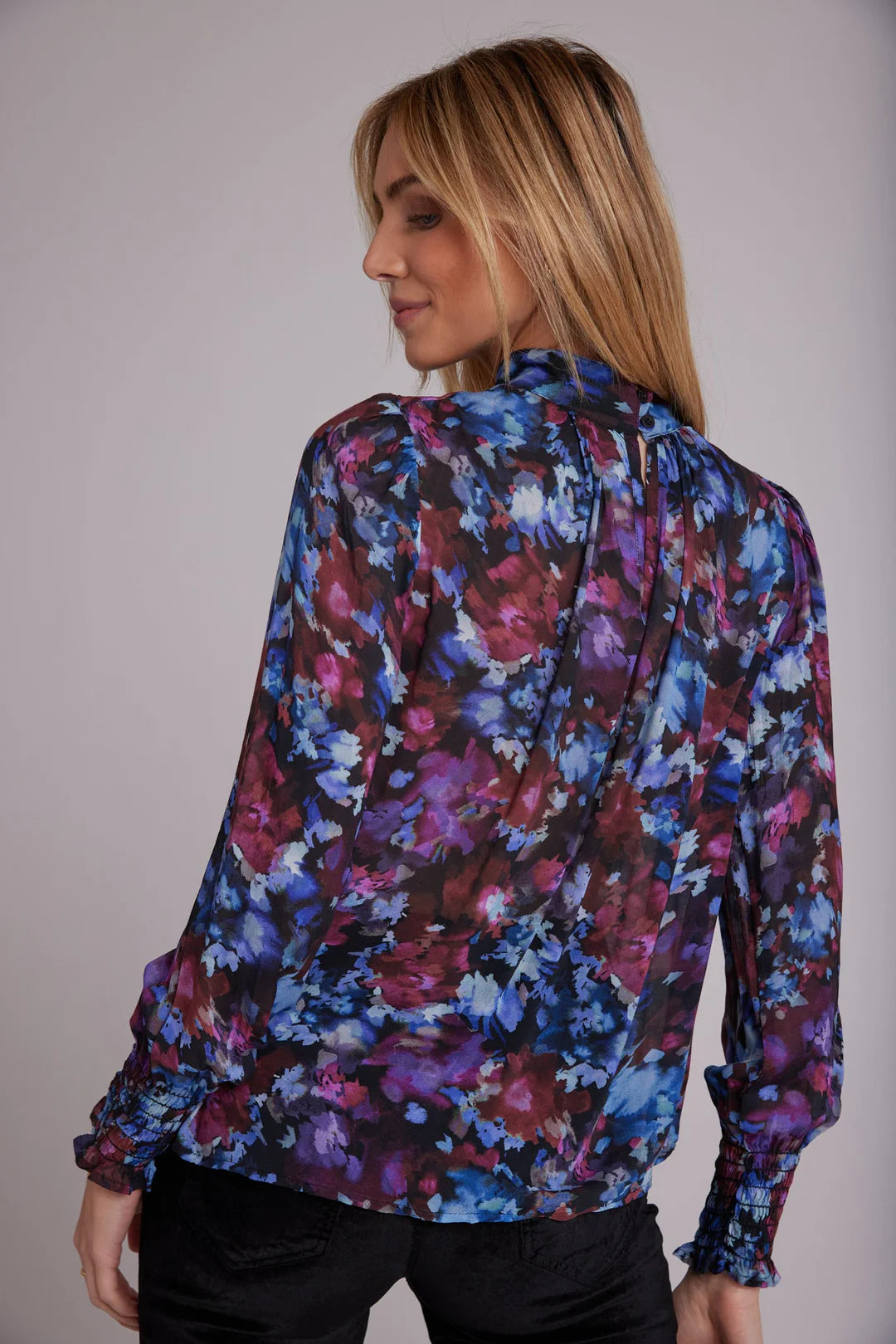 Mock Neck Smocked Cuff Top in Midnight Bloom Print