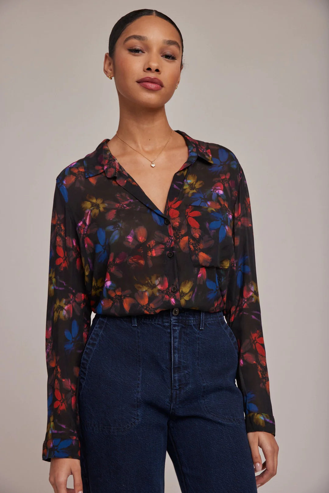 Rounded Hem Button Down Shirt in Evening Garden Print