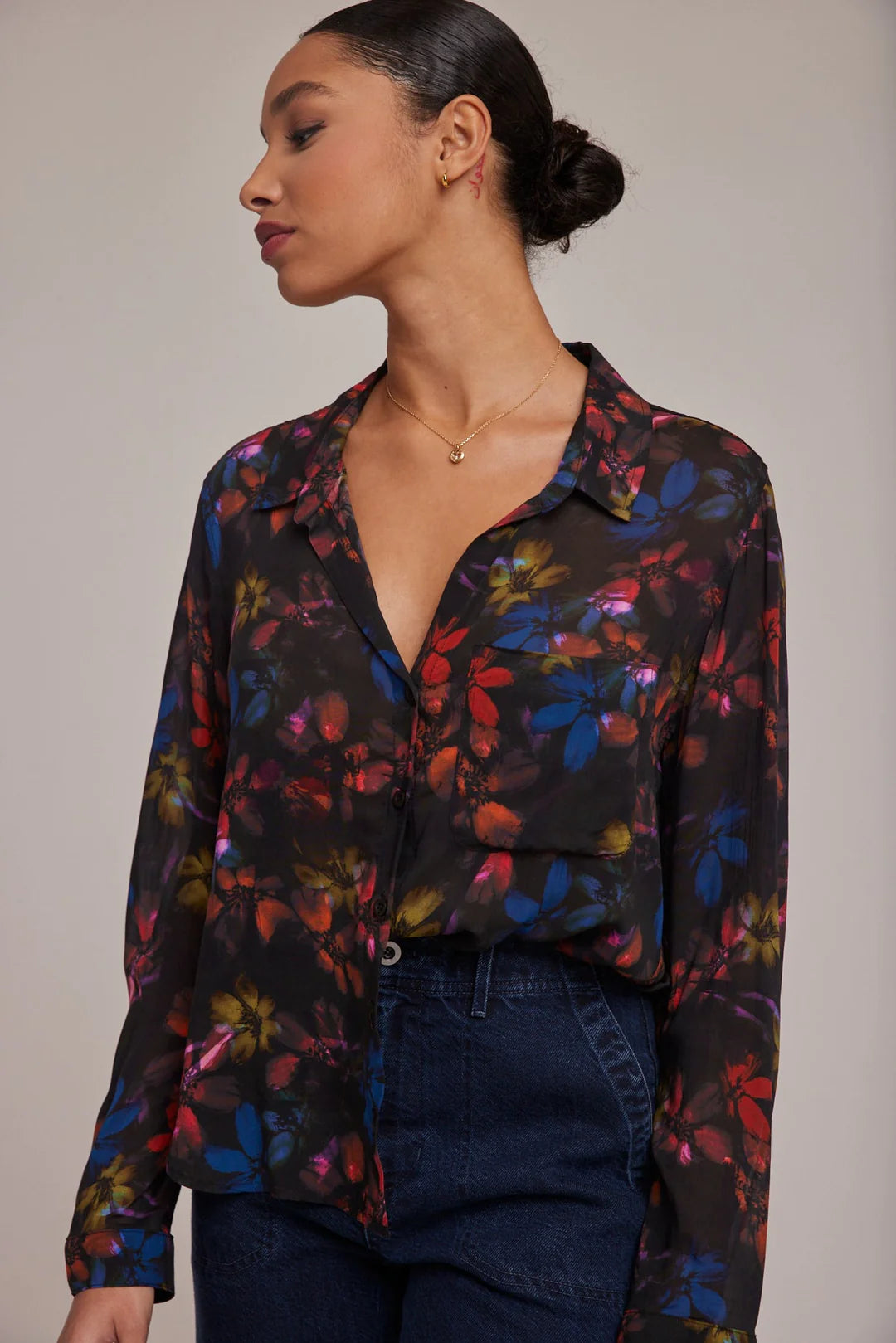 Rounded Hem Button Down Shirt in Evening Garden Print