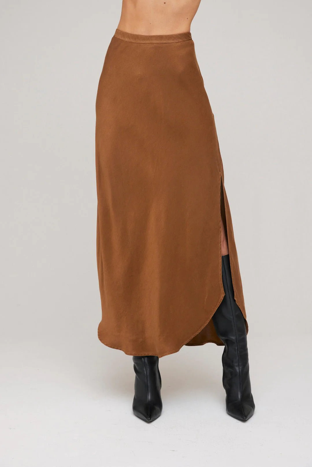 Satin Asymmetric Side Slit Bias Skirt in Twilight Gold