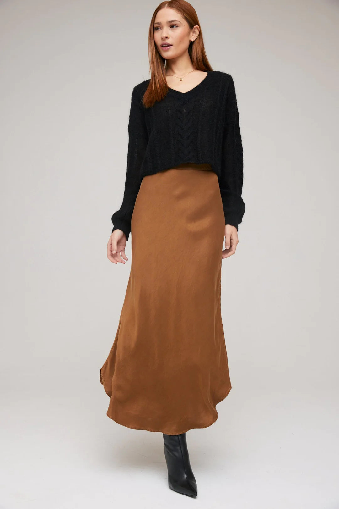 Satin Asymmetric Side Slit Bias Skirt in Twilight Gold